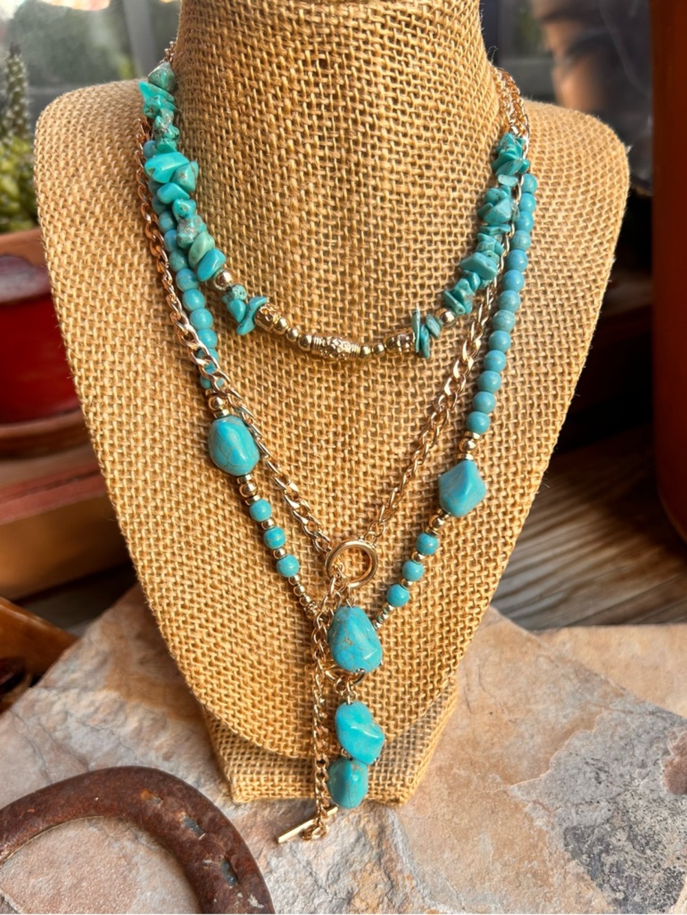 Turquoise Beaded Gold Tone Layered Necklace - Women Jewelry New with Tags